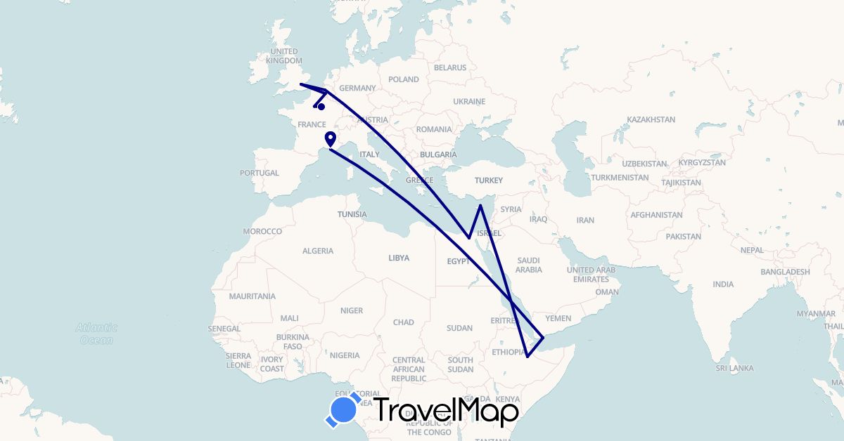 TravelMap itinerary: driving in Belgium, Cyprus, Egypt, Ethiopia, France, United Kingdom, Yemen (Africa, Asia, Europe)